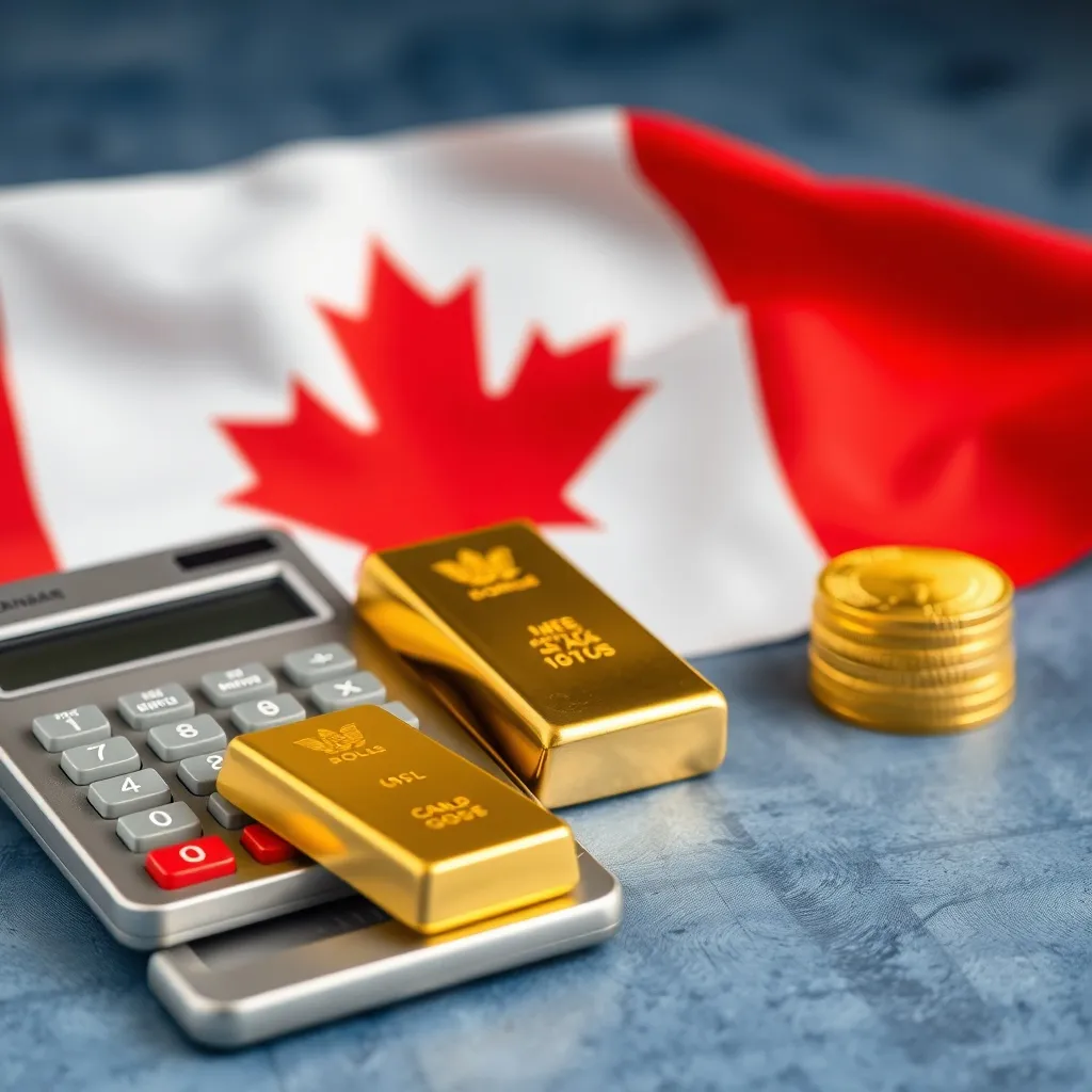 A vintage calculator next to a gold bar and a Canadian flag,