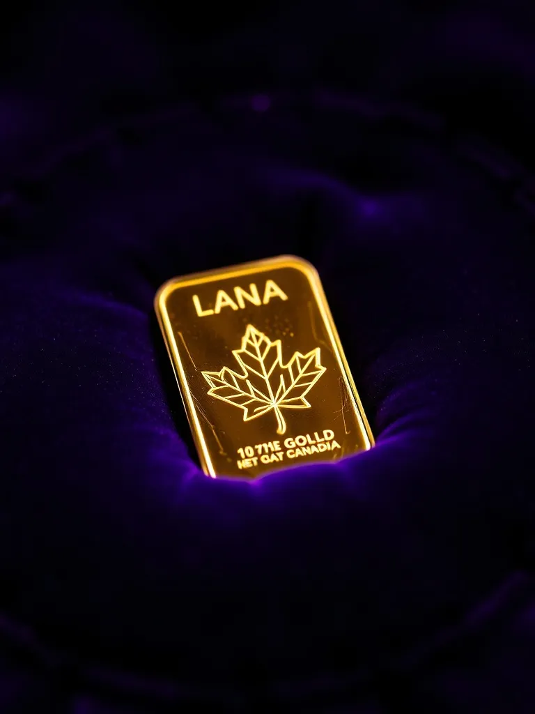 A close up photo of a single 1oz gold bar with Canadian mapl