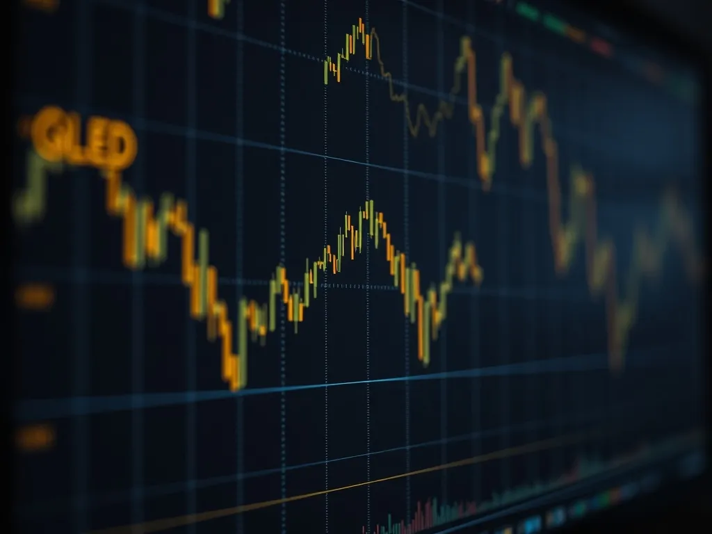 A close up shot of financial market charts showing gold and
