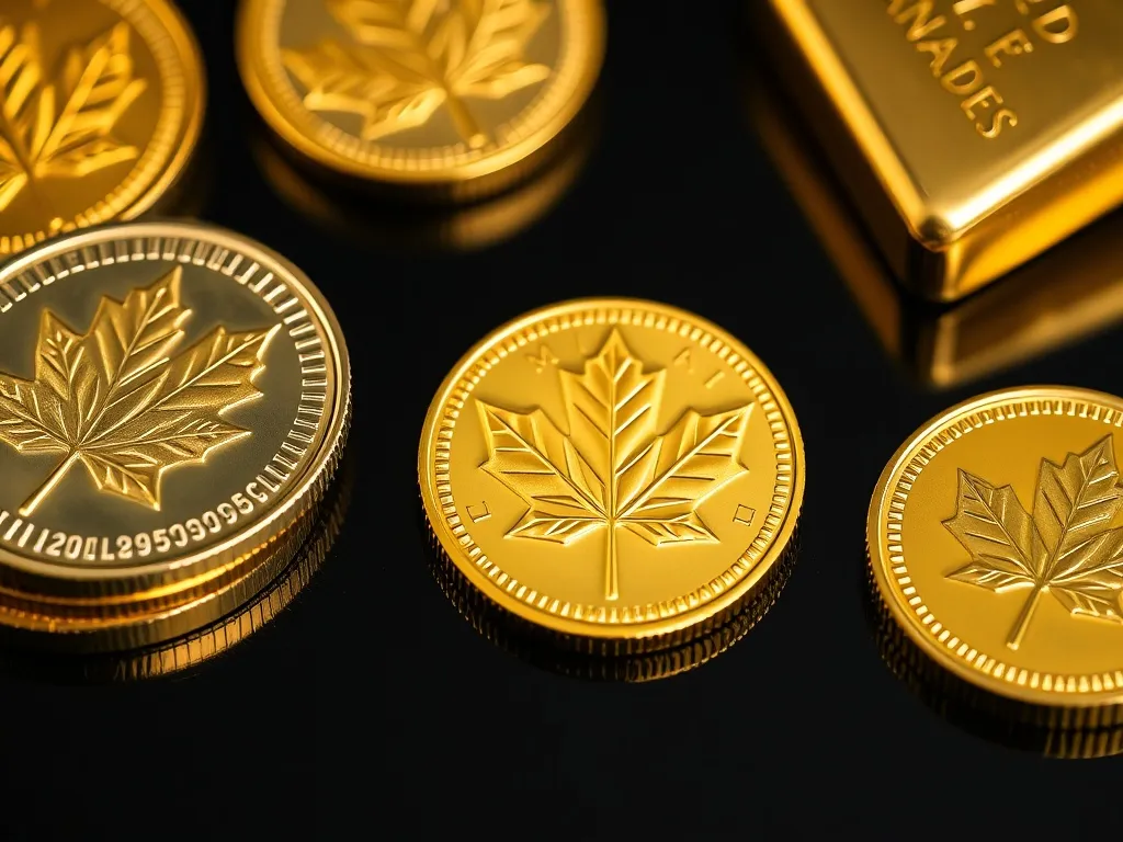 A high-quality close up of Canadian Gold Maple Leaf coins an