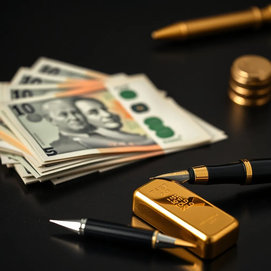 A stack of Canadian dollar bills, a gold bar, and a fountain