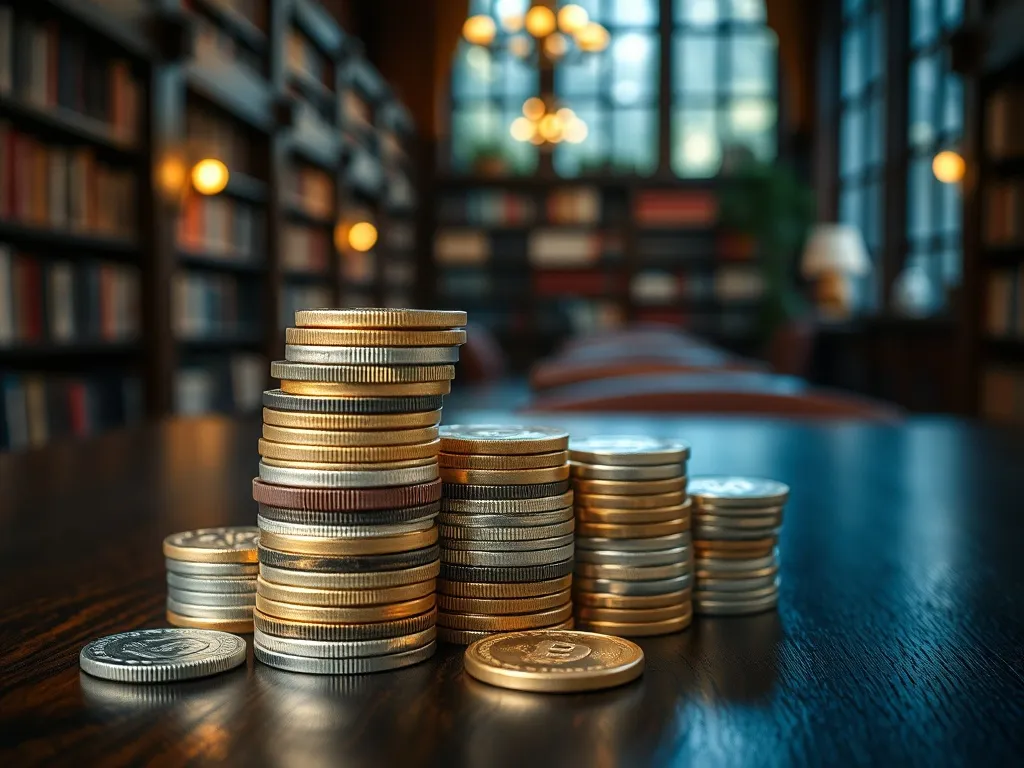 Stacks of silver and gold coins on a dark wooden table with
